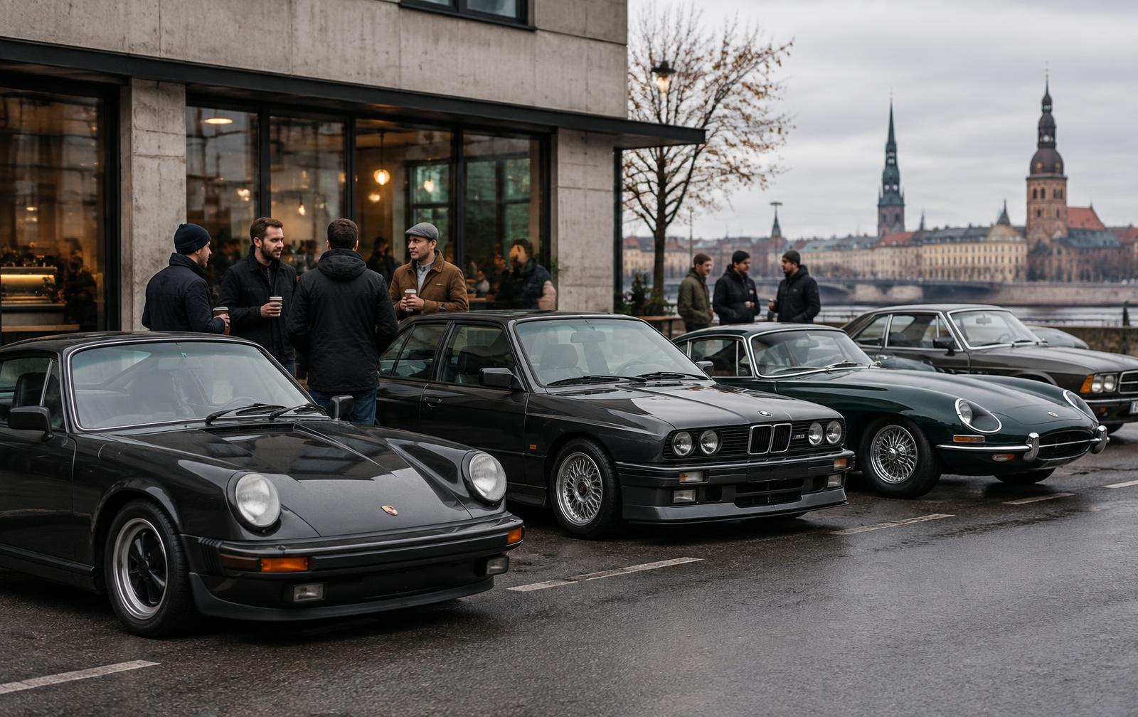 Classic cars gathered for a morning coffee meet in Riga